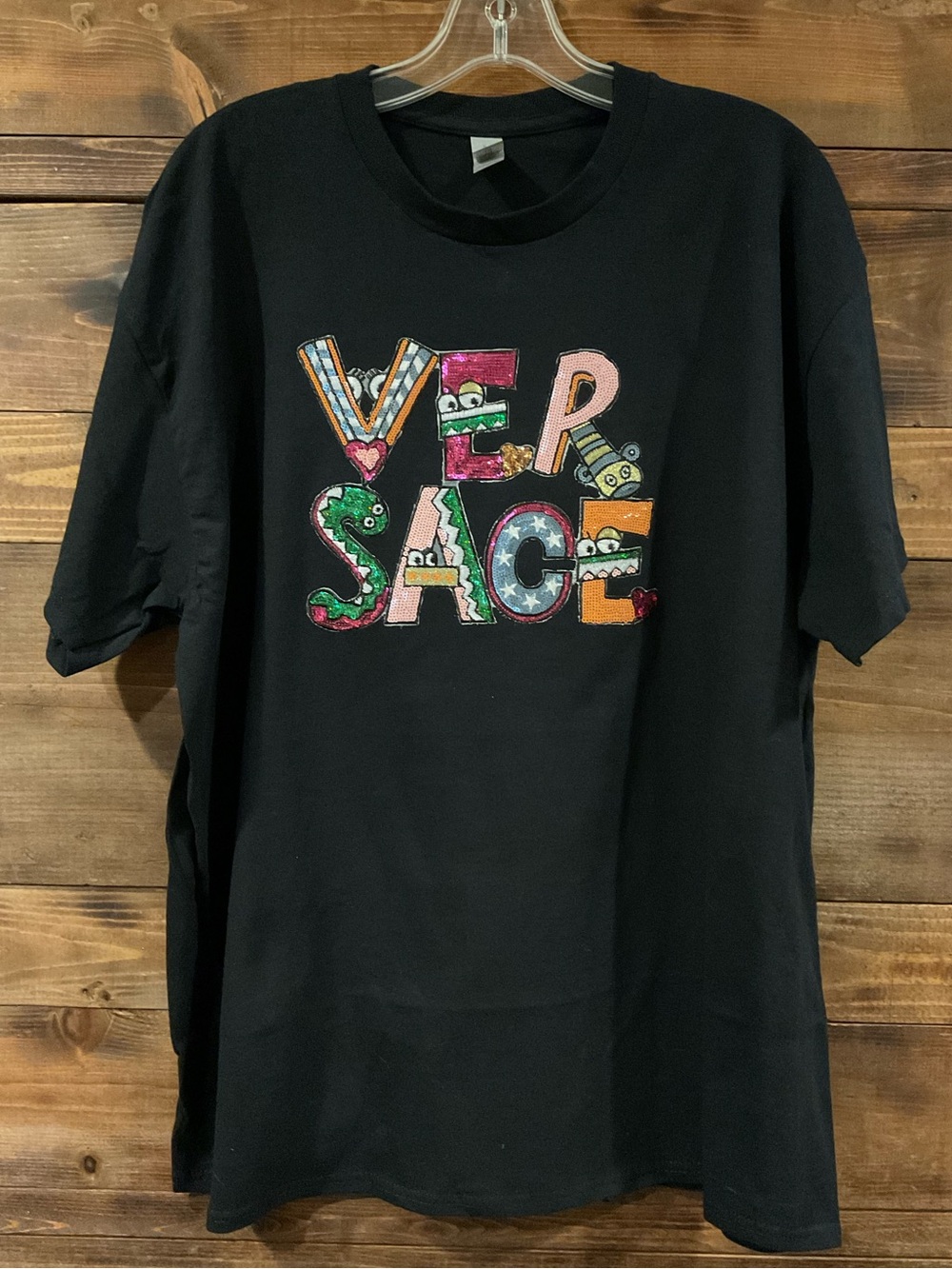 Black Short-Sleeve Tee with Colorful SEQUIN Lettering XLARGE XL Branded